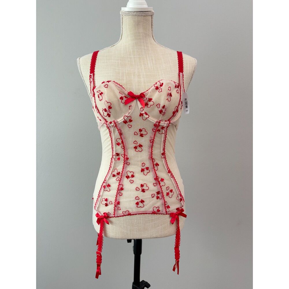 New Adore Me Red Heart Embroidered Sheer 34C Corset Bustier Garter Belt Boudoir